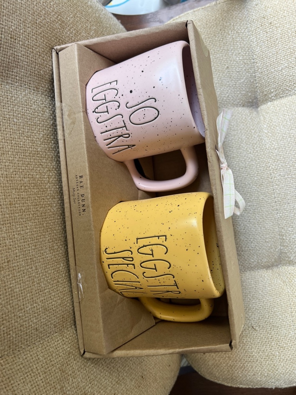 Rae Dunn Ceramic Mug Duo in Pink & Yellow with Speckled Finish
